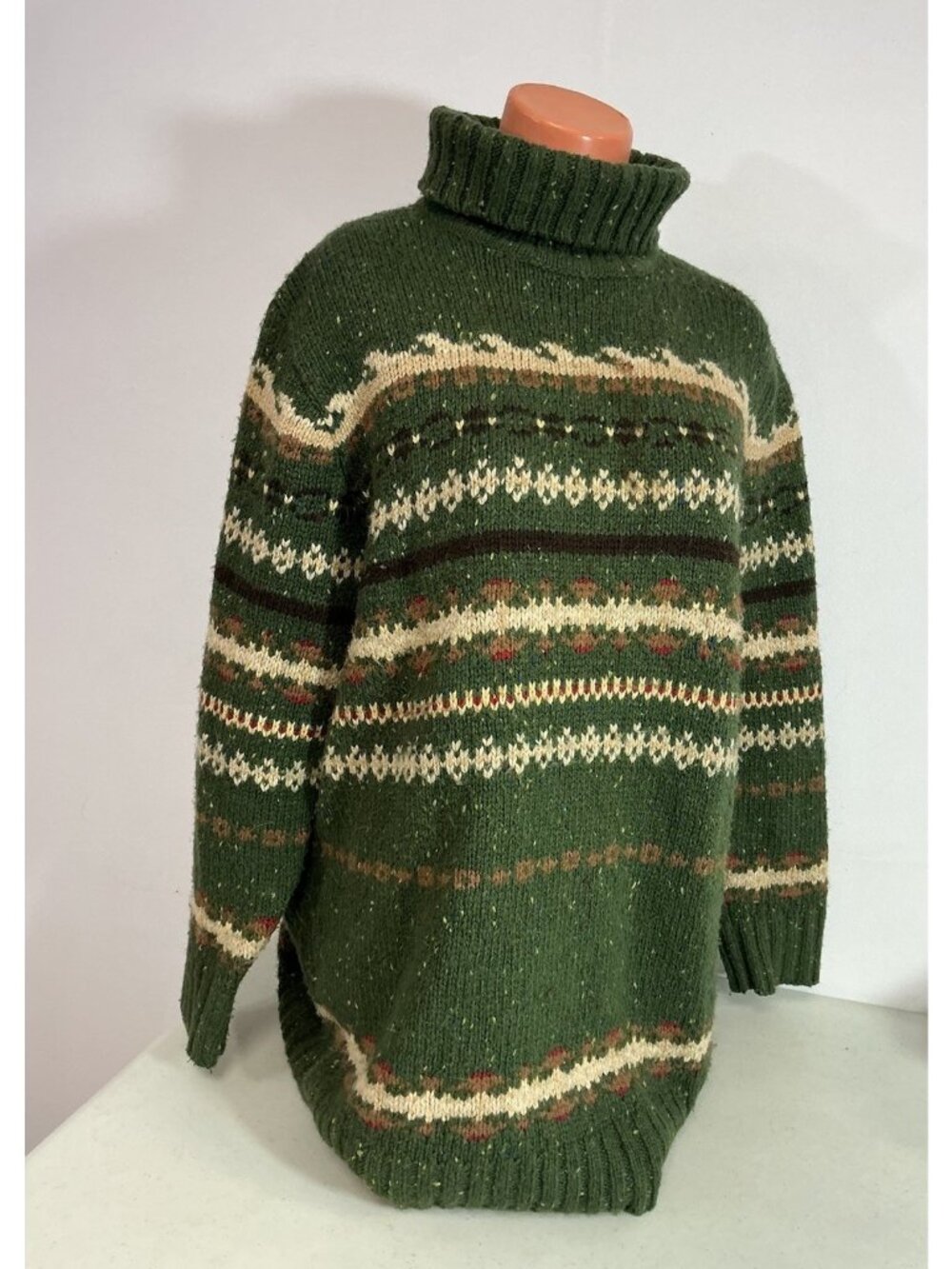 Green Wool Chunky Knit Turtleneck Sweater Fair Isle Womens 2X